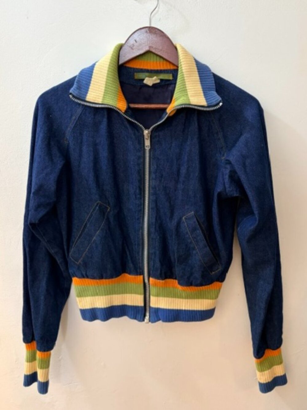 BDG Urban Outfitters Denim Bomber Jacket Rainbow Stripe Ribbing – Retro 70s
